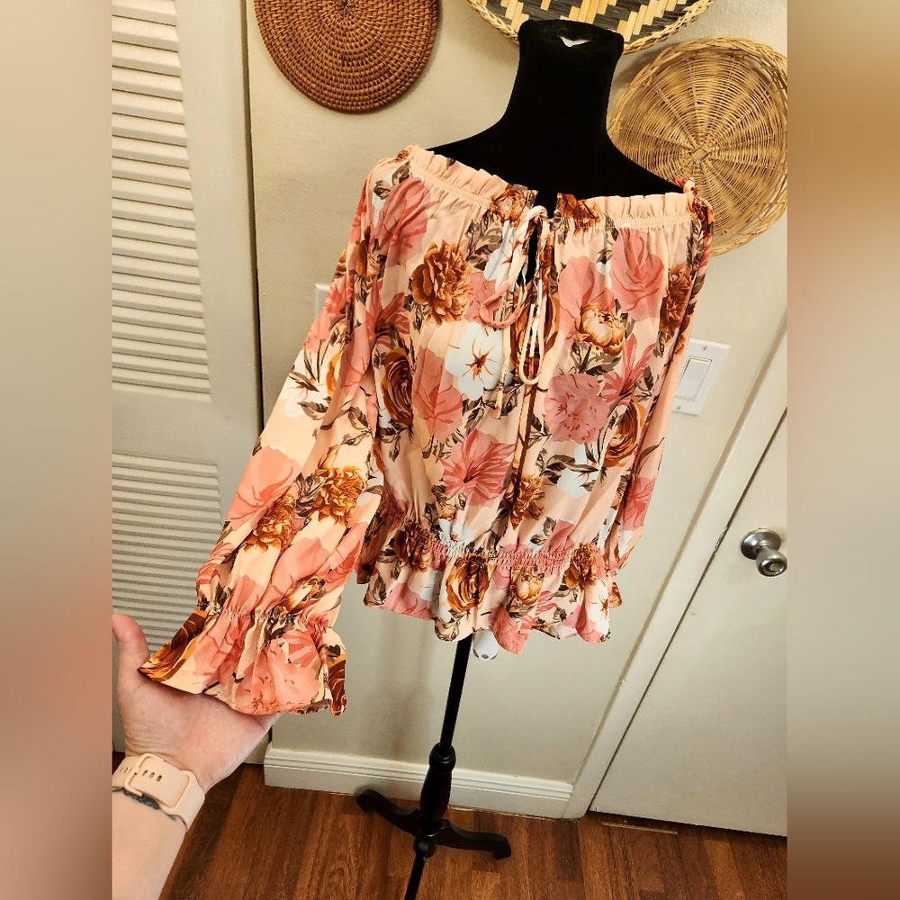 Boho Off The Shoulder Long Sleeve Floral Blouse - Picture 9 of 14